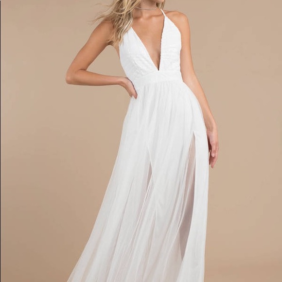 white plunge maxi dress